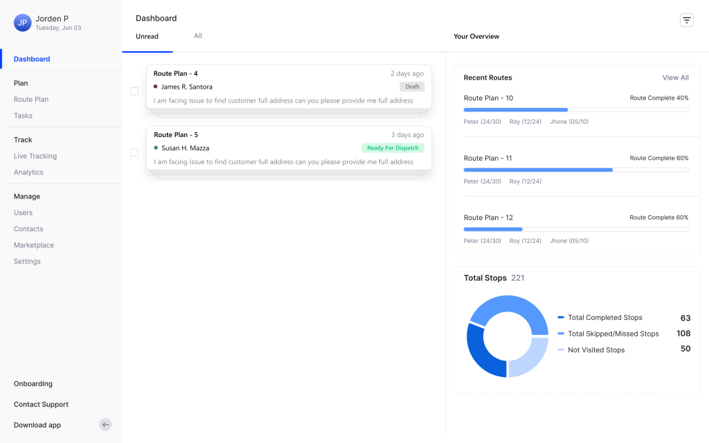 Upper Route Planner's dashboard