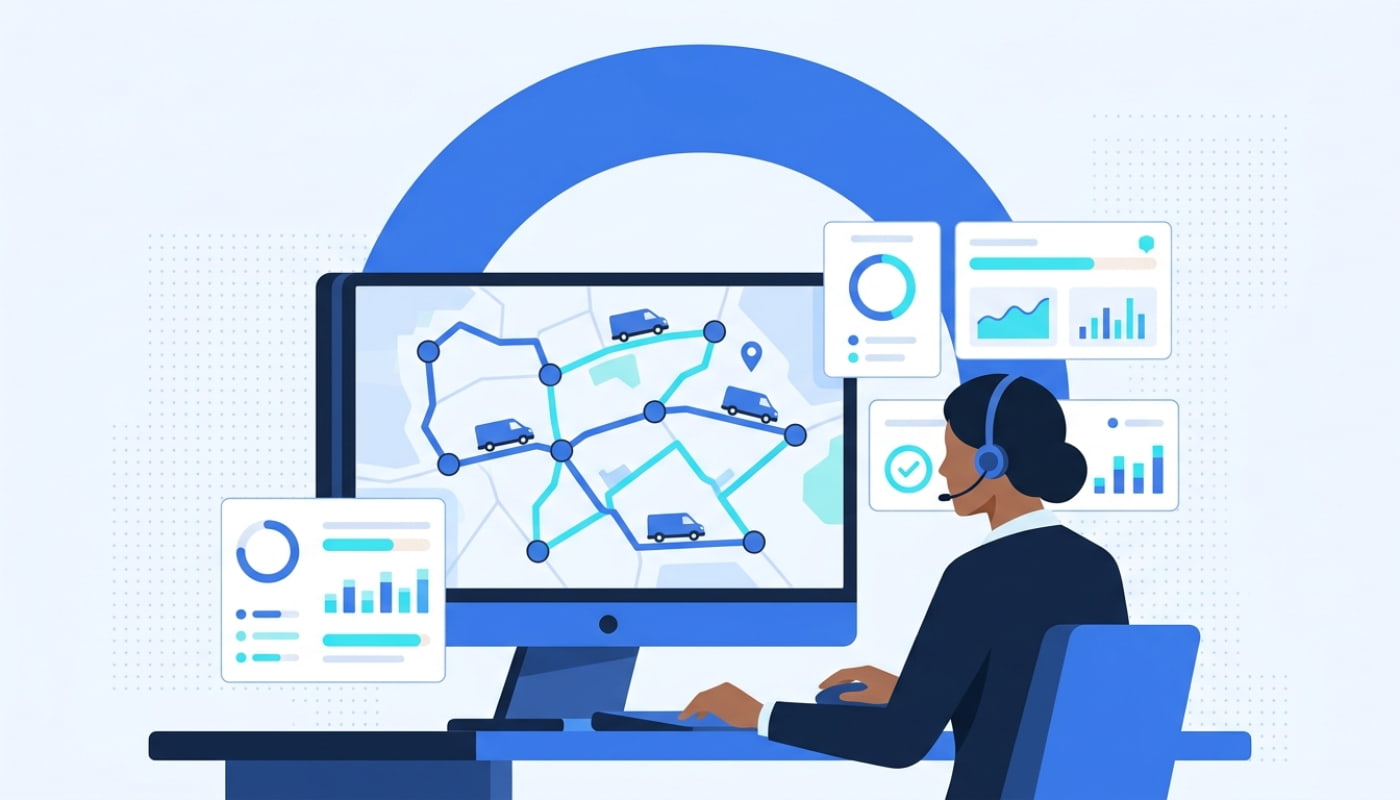 Fleet dispatcher planning optimized multi-stop delivery routes on monitor with truck icons and analytics