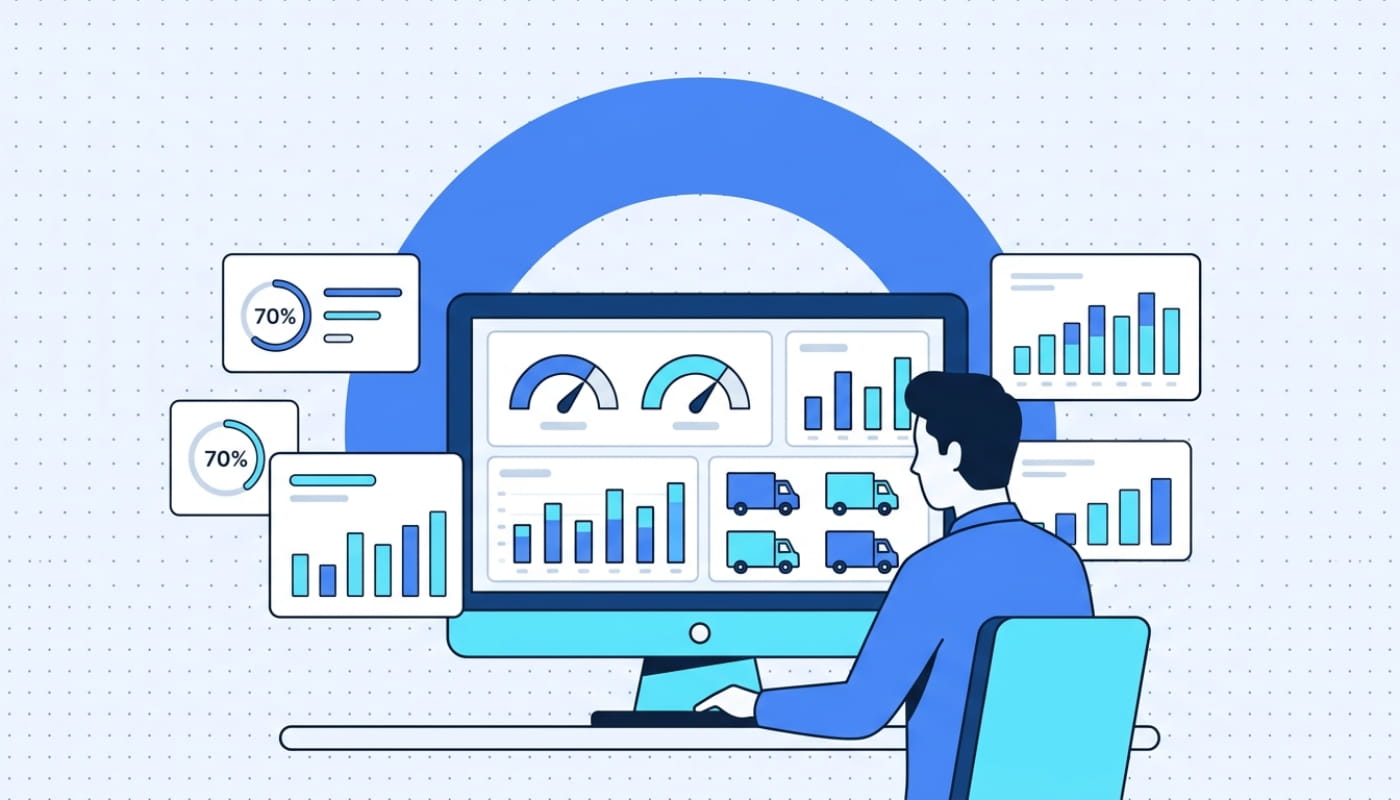 Fleet manager reviewing last mile delivery metrics dashboard with KPI gauges and bar charts