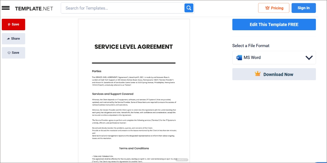 template.net SLA agreement