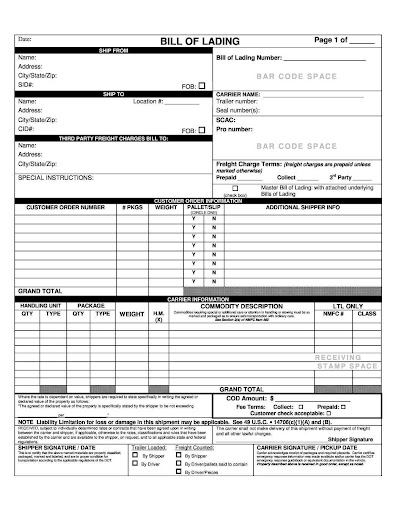 Bill of lading template example