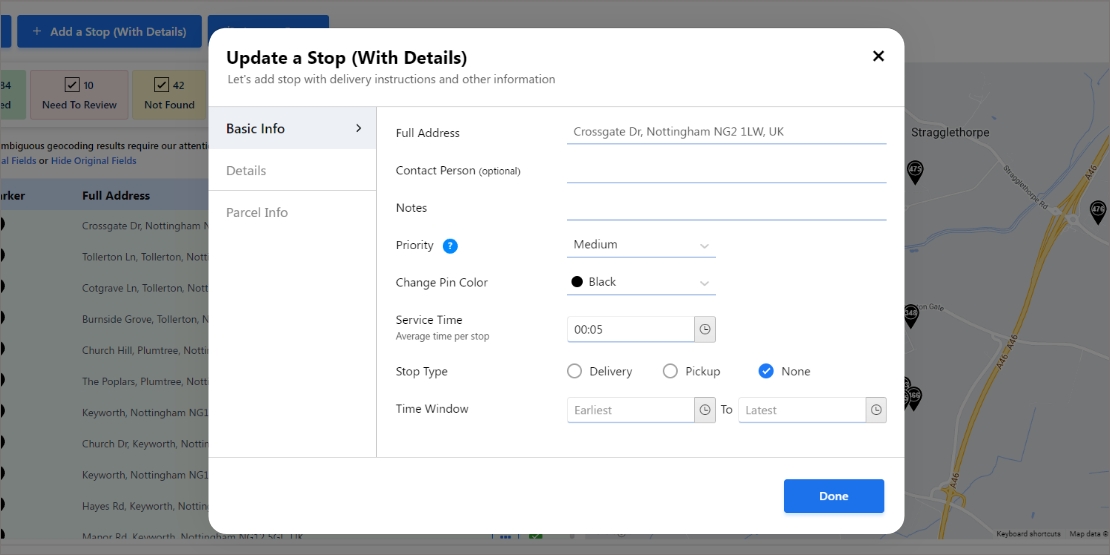 Edit stops for sales routes