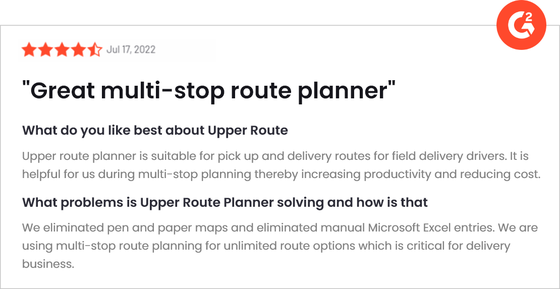 Delivery route planner app review on G2