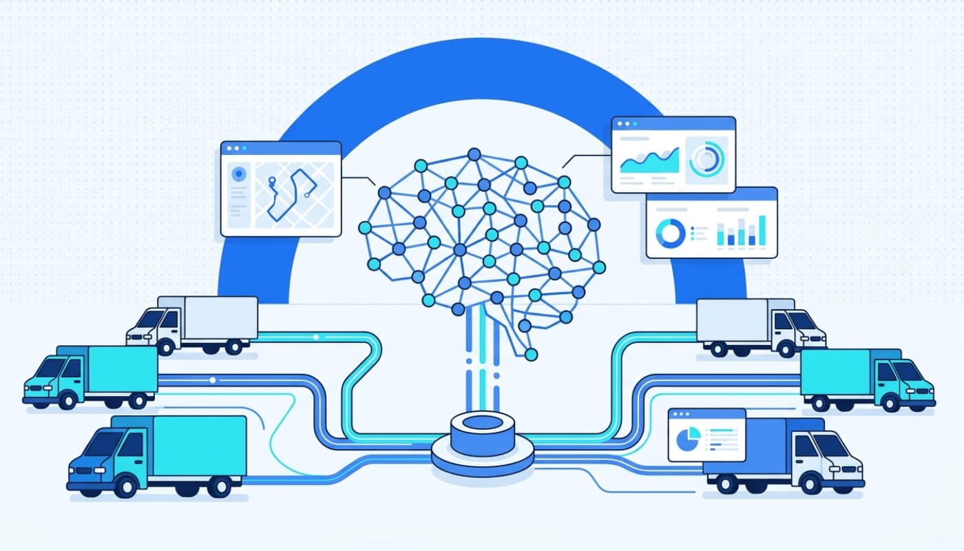 AI neural network connected to delivery fleet trucks with data streams and optimization dashboard