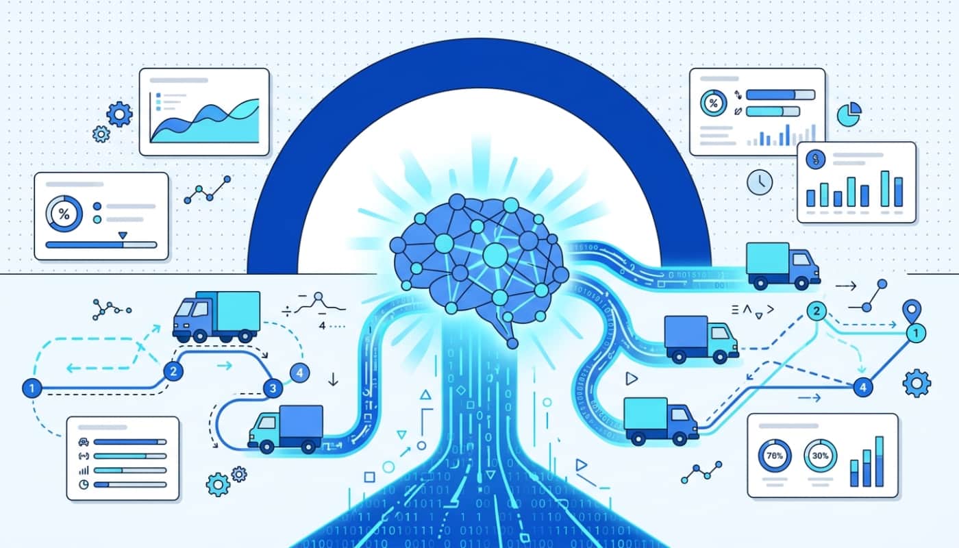AI optimization engine connected to delivery trucks with algorithm visualization and route metrics