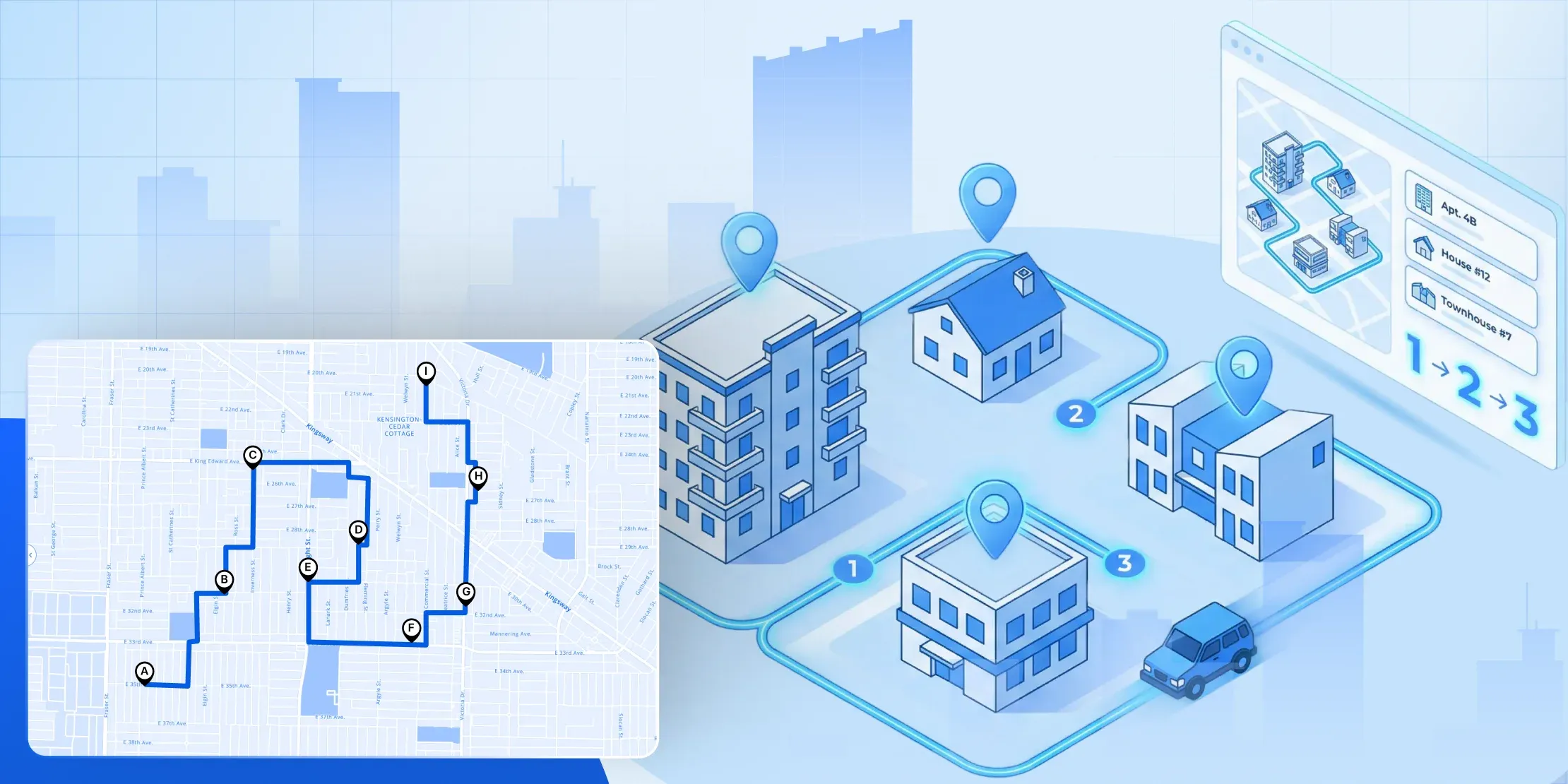 Real estate route planner app showing optimized property tour routes, multiple home stops, and GPS navigation map.