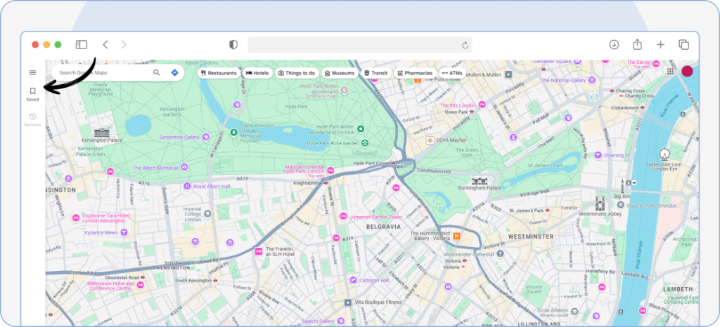Step 1: Visit Google Maps and click on “Saved” at the top left.
