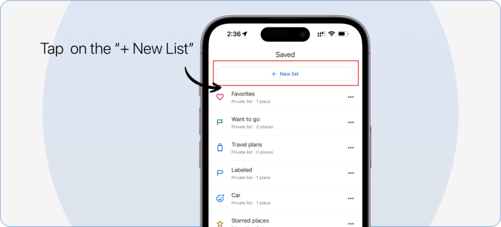 Step 3: Tapping on the “+ New List” option at the top.