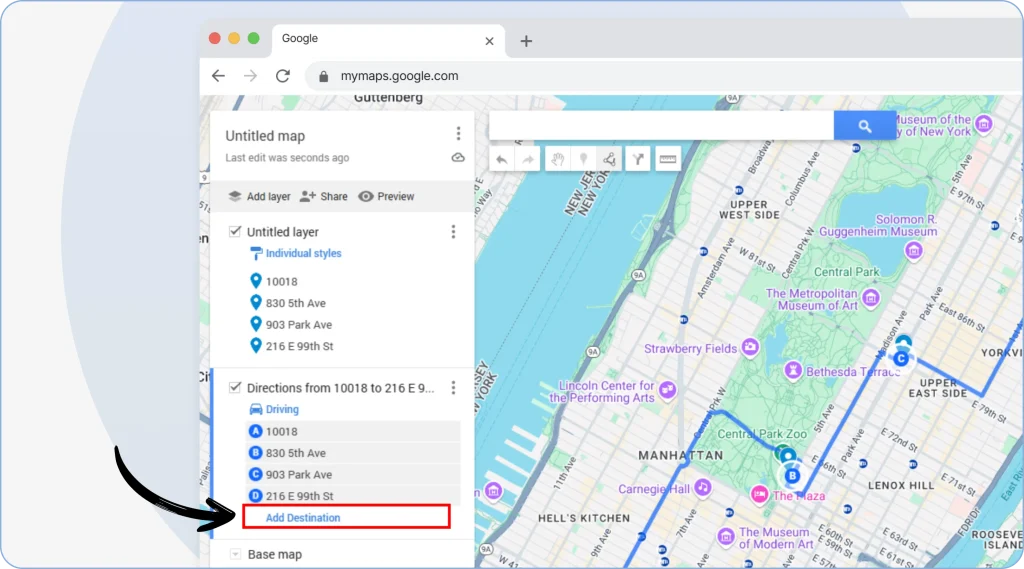 6. Click on your starting point, the next destination, and so on by tapping on “Add Destination.”