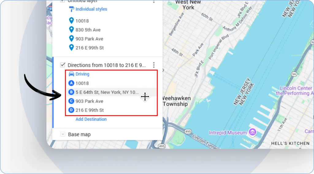 7. Drag and drop in the side panel to update the route order.
