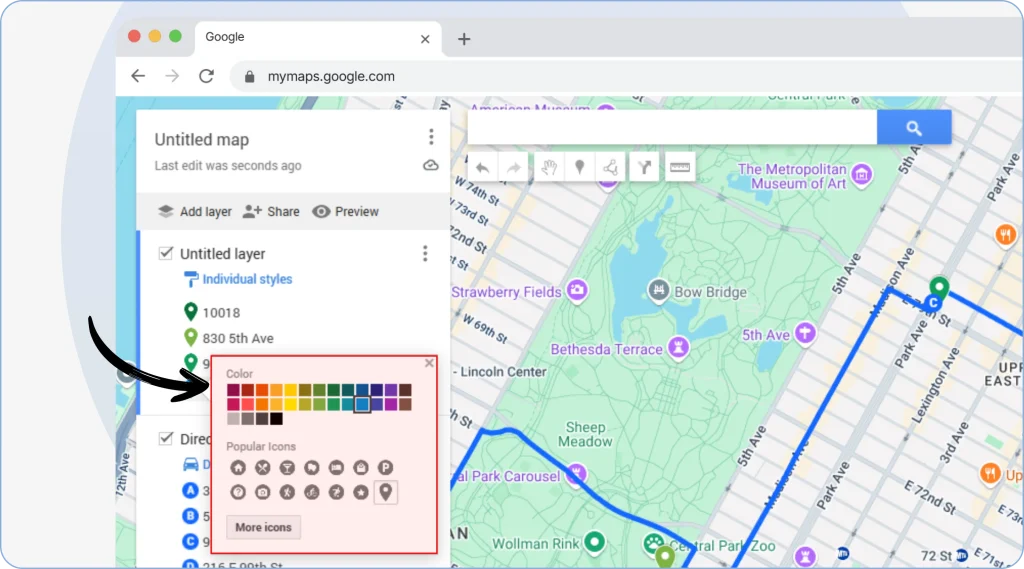 8. Use the “Paint bucket” icon to color-code stops by hovering on the stop you want to edit. 