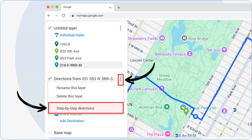 9. Click the three dots > “Step-by-step directions” to see the breakdown of your route and time/distance.