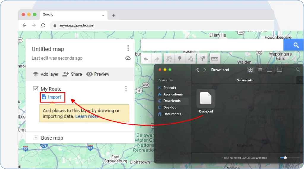 Now, click on the “Import” button right below the layer’s name and import the KML file you downloaded earlier.