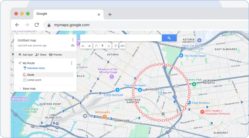 As you upload the file, the Maps will take you to the location of the coordinates you added and create a circle of the size you selected.