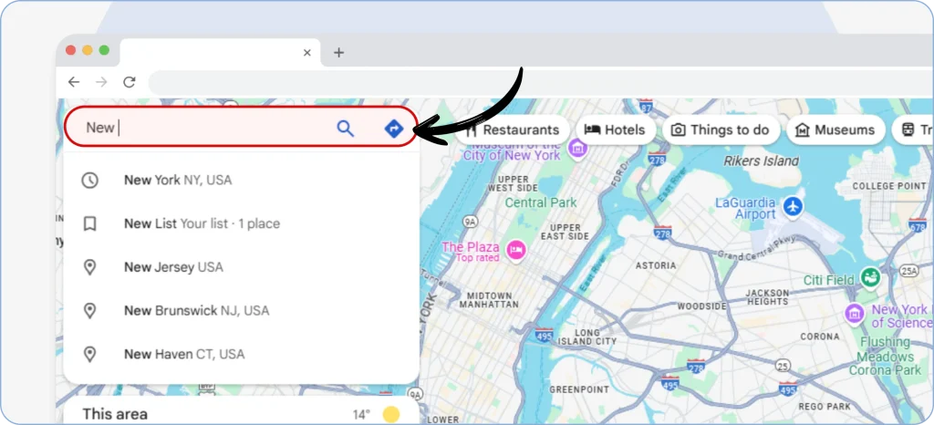 Find the location you want to draw a circle around from the search bar, or do it manually with a zoom on the Maps.