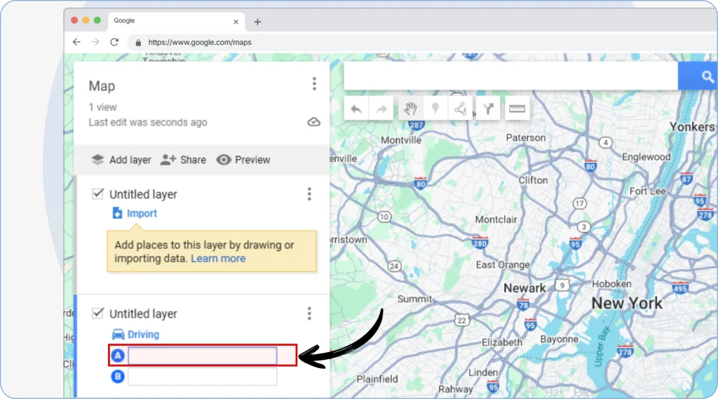 7. Now tap on the “A” Field to enter your starting or departure point, or choose from the search results as you type it down.