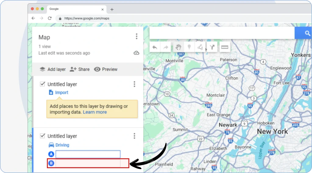 8. Repeat the process for the “B” Field to enter your arrival or final destination.
