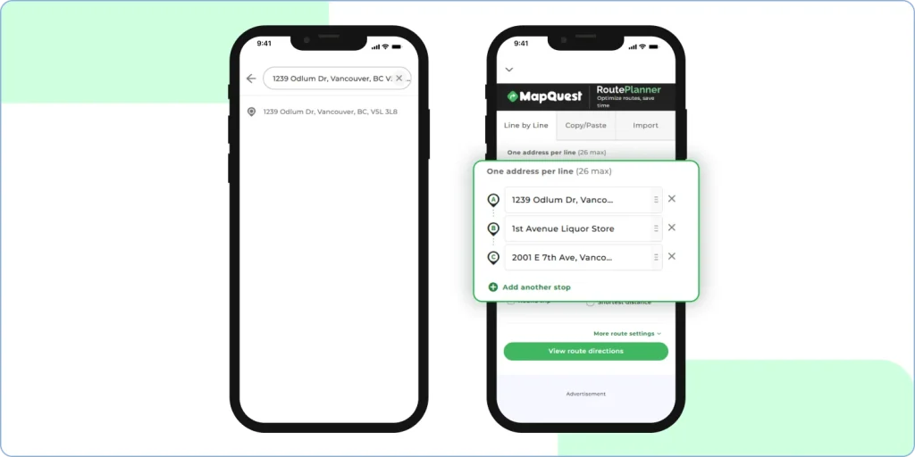 Adding multiple stops in MapQuest route planner on iOS using Search and Add Stop.