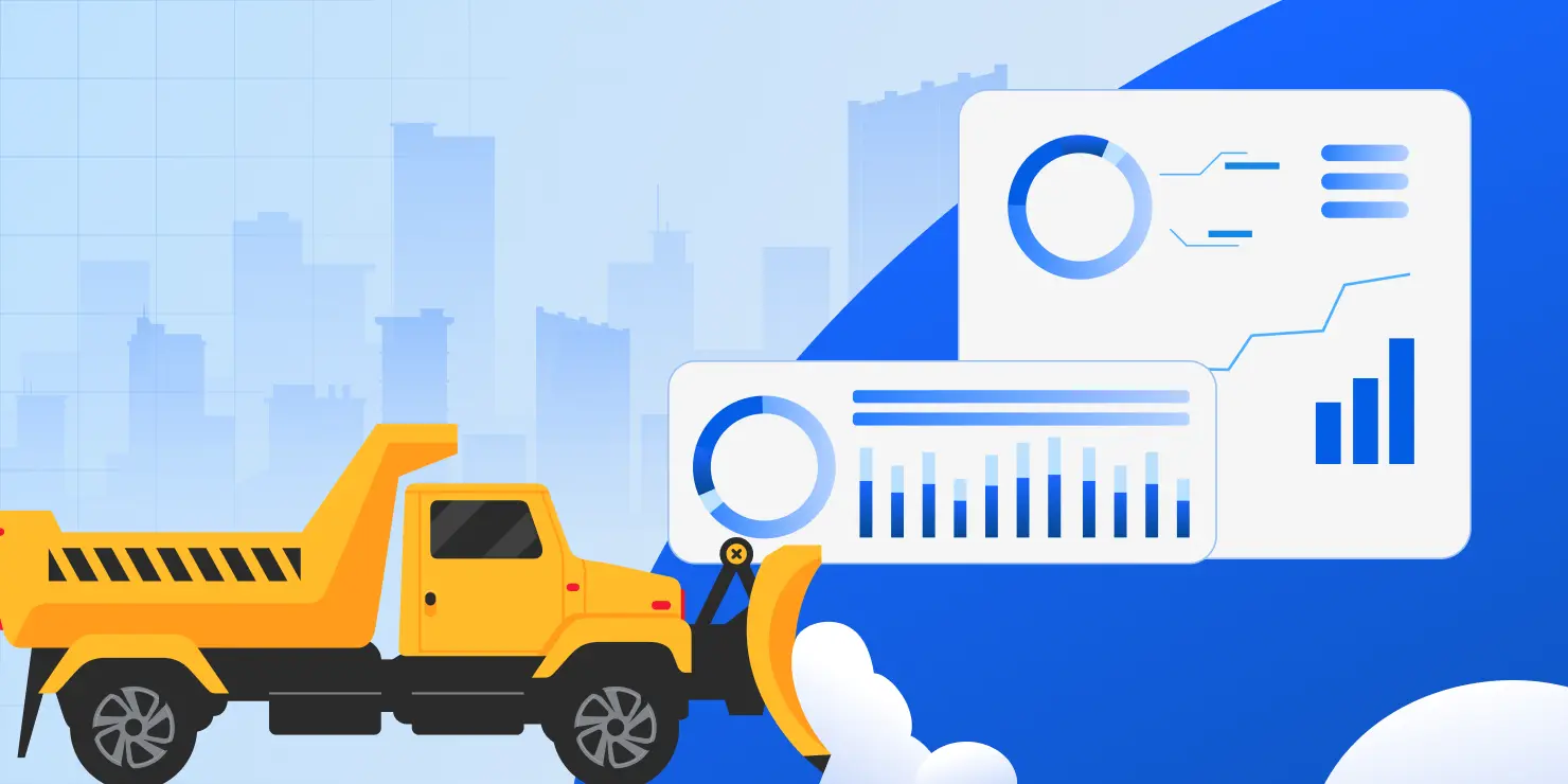 Snow removal concept image with winter equipment and software interface elements.