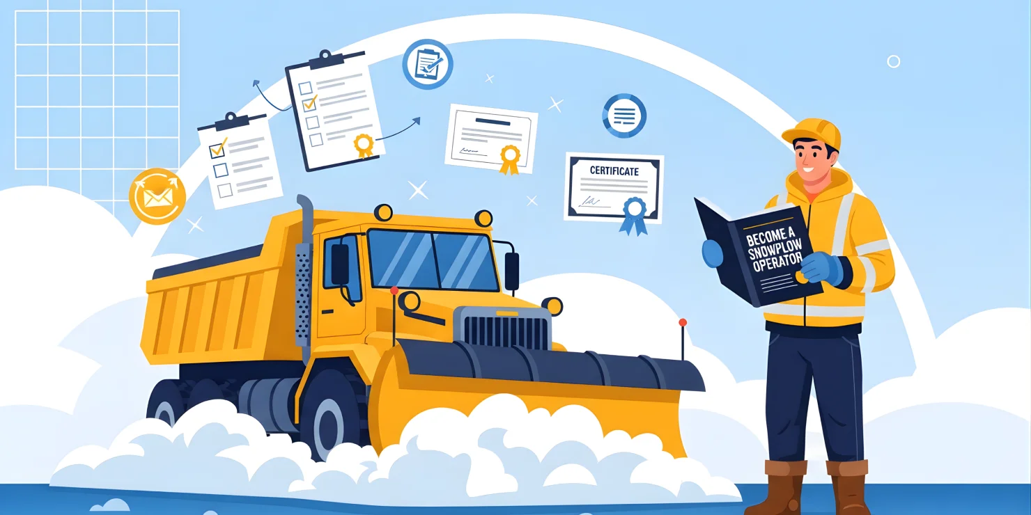 Snowplow operator clearing a road during winter, illustrating how to become a snowplow operator.