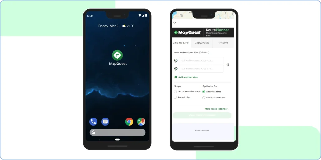 Downloading MapQuest route planner app for navigation and directions on Android.