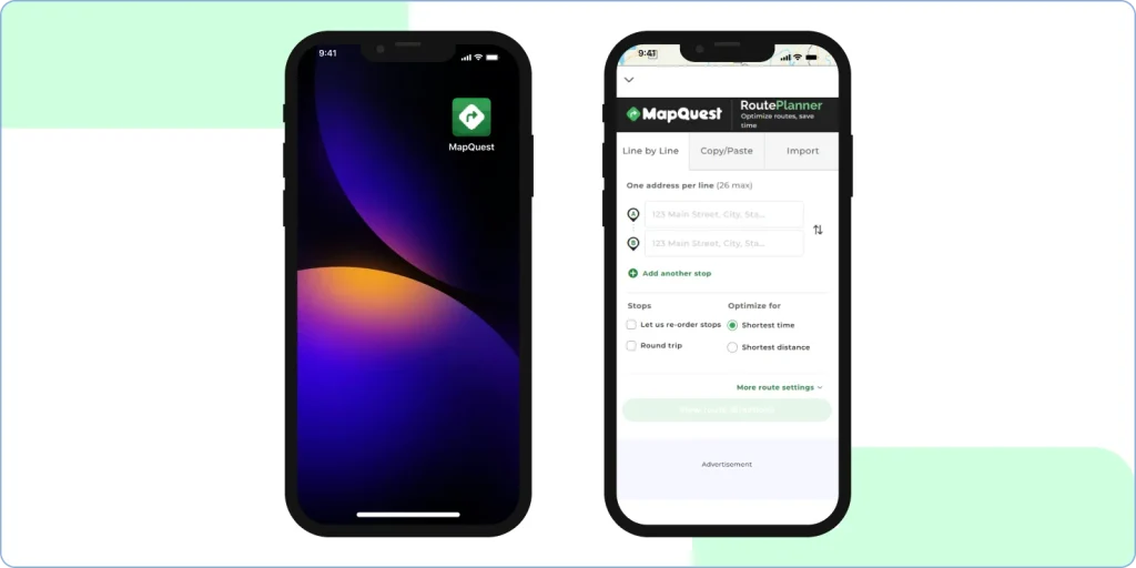 Install and open the MapQuest route planner app from the App Store on iPhone.