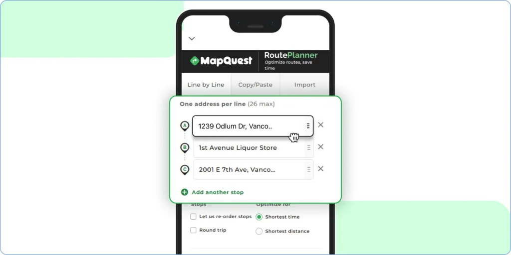 Reordering stops in MapQuest route planner on iOS by dragging and dropping locations.