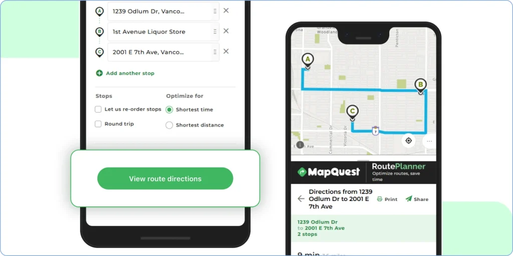 Customizing route options and navigating using MapQuest route planner app.
