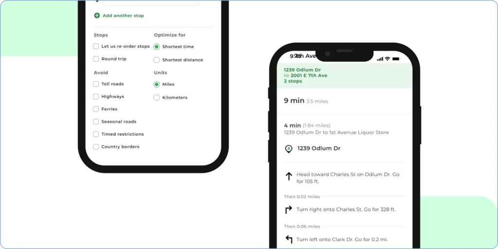 MapQuest route planner iOS settings showing route preferences and navigation options.