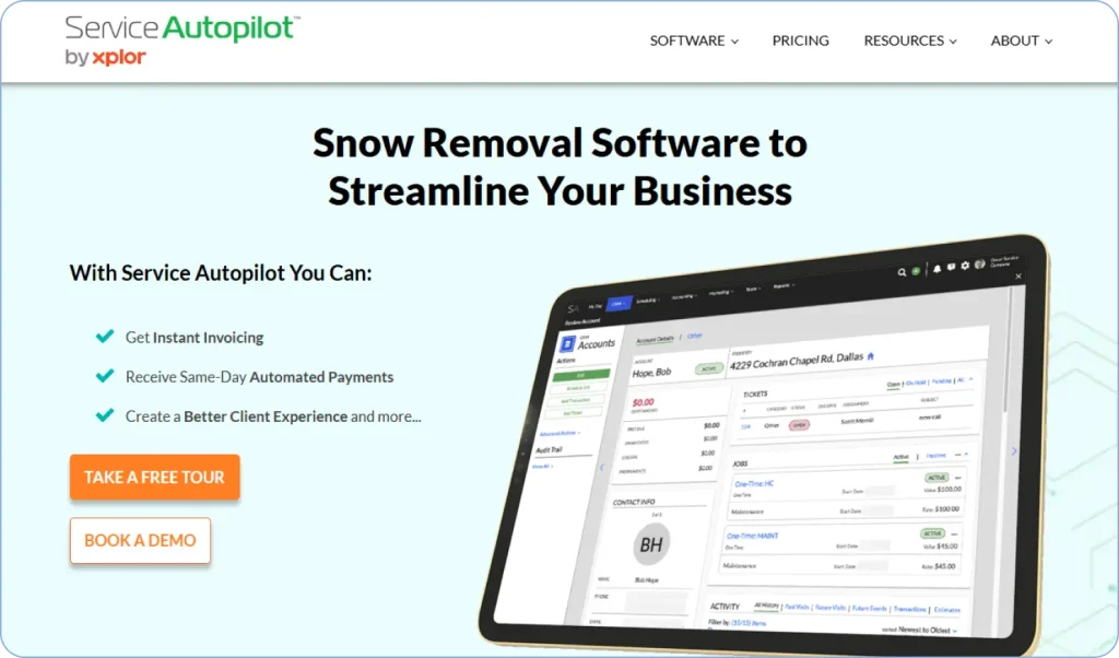 Screenshot of Service Autopilot’s snow removal module for organizing jobs and clients.