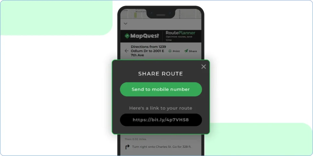 Using MapQuest route planner for hands-free directions and route sharing on Android.