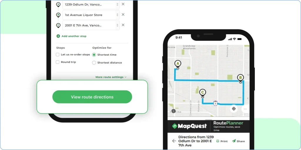 Starting navigation with MapQuest route planner on iOS with CarPlay and voice guidance.