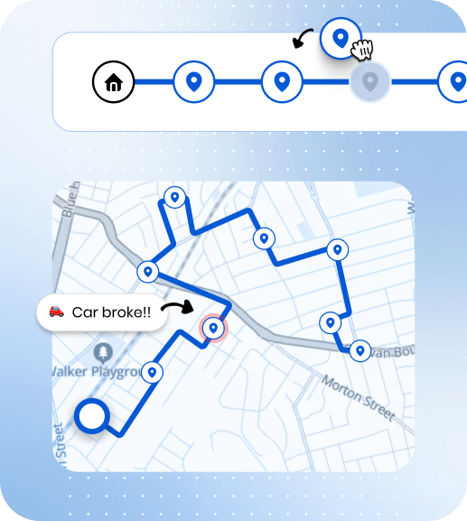 Upper delivery route planning software showing drag-and-drop route editing in timeline view