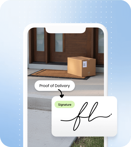 Upper proof of delivery showing photo capture, signature, and timestamp for completed stop