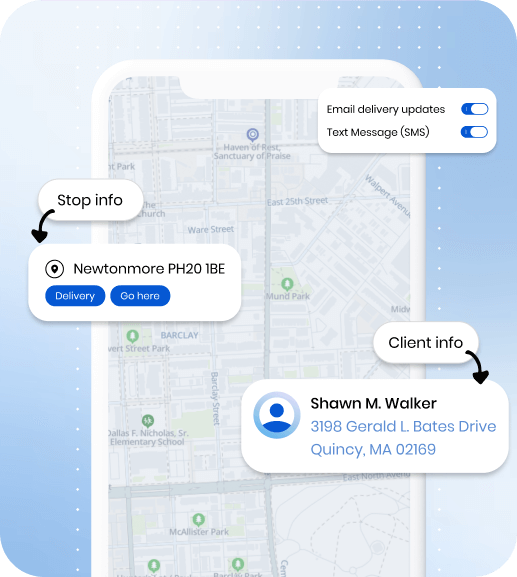Upper dispatch route planner mobile app showing driver navigation and stop details