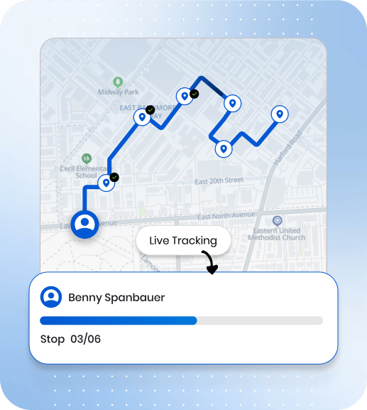 Upper route tracking software showing live GPS driver locations and automatic customer ETA notifications