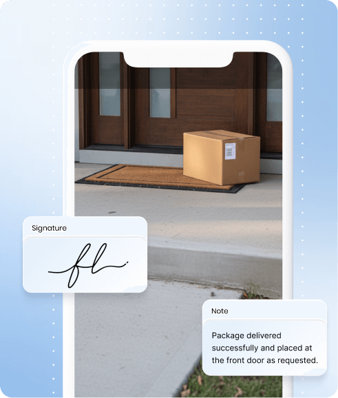 Upper Route Planner app capturing proof of delivery with photos, signatures, GPS location, and timestamps synced in real time