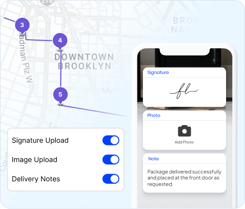 Fleet tracking software capturing proof of delivery with GPS timestamps, photos, signatures, and delivery notes