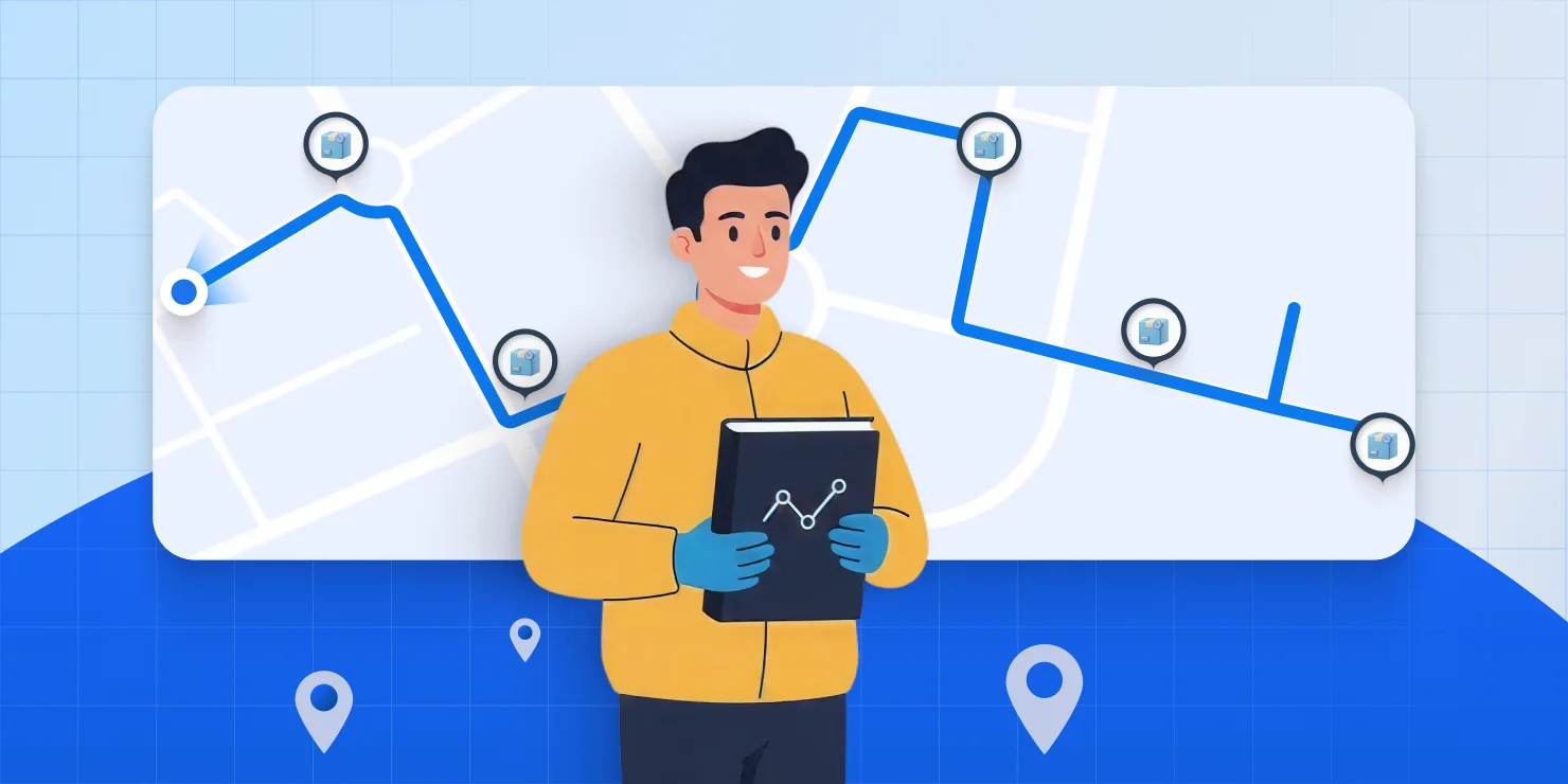 Illustration of a delivery professional holding a tablet while reviewing a multi-stop route with real-time route optimization displayed on a digital map