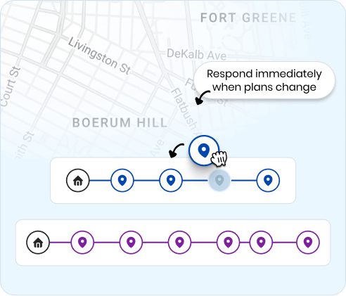 Dynamic route planning software interface showing drag-and-drop stop changes with real-time ETA recalculations and live driver updates