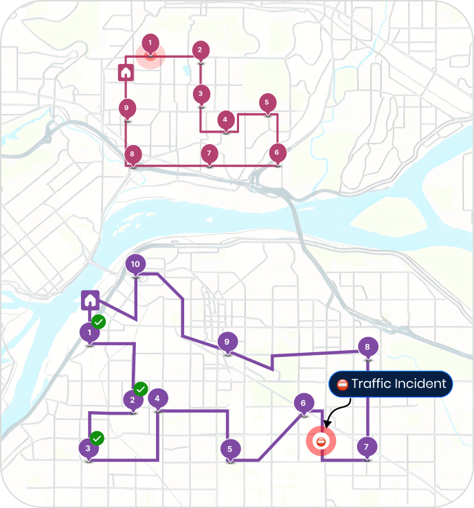 Fleet tracking software showing real-time route progress, completed and pending stops, driver alerts, and live delivery status on an interactive map