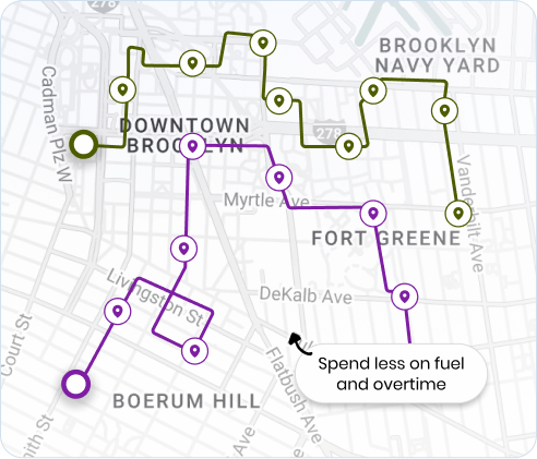 Route planning software illustrating multi-stop route optimization across multiple drivers to reduce miles, fuel usage, and delivery time