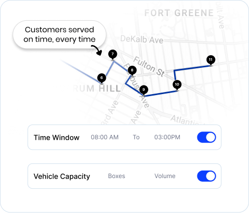 Route planning and optimization software displaying business rules such as time windows, vehicle capacity, priority stops, and driver zones