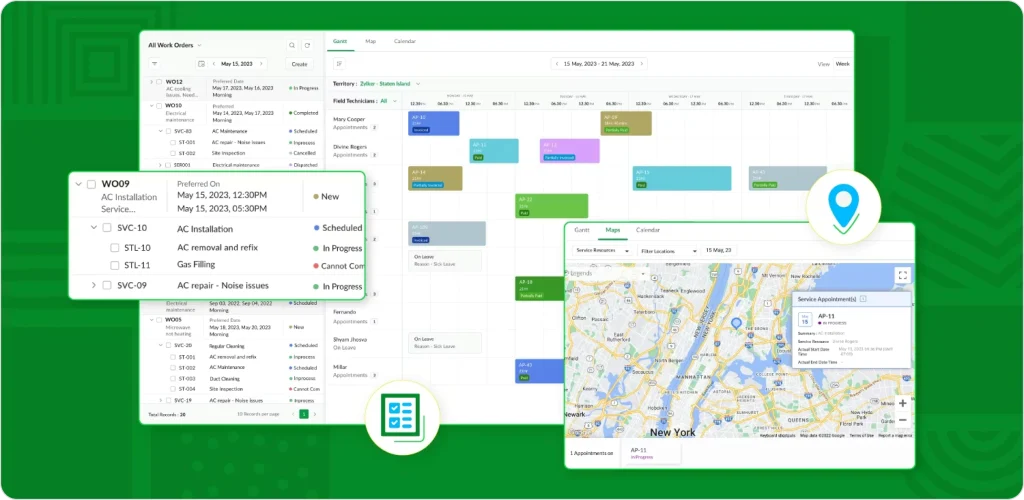 Zoho FSM field service dispatch software for scheduling and workforce management.
