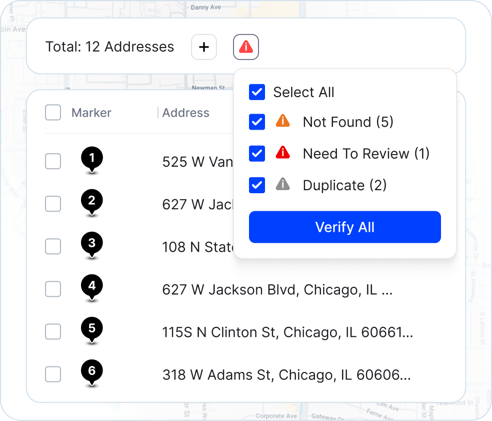 Upper route planner validating addresses during spreadsheet import, detecting duplicates and incomplete entries before route optimization.