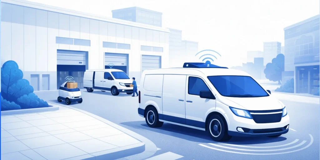 Autonomous delivery system using self-driving robots and drones to transport packages without human drivers.