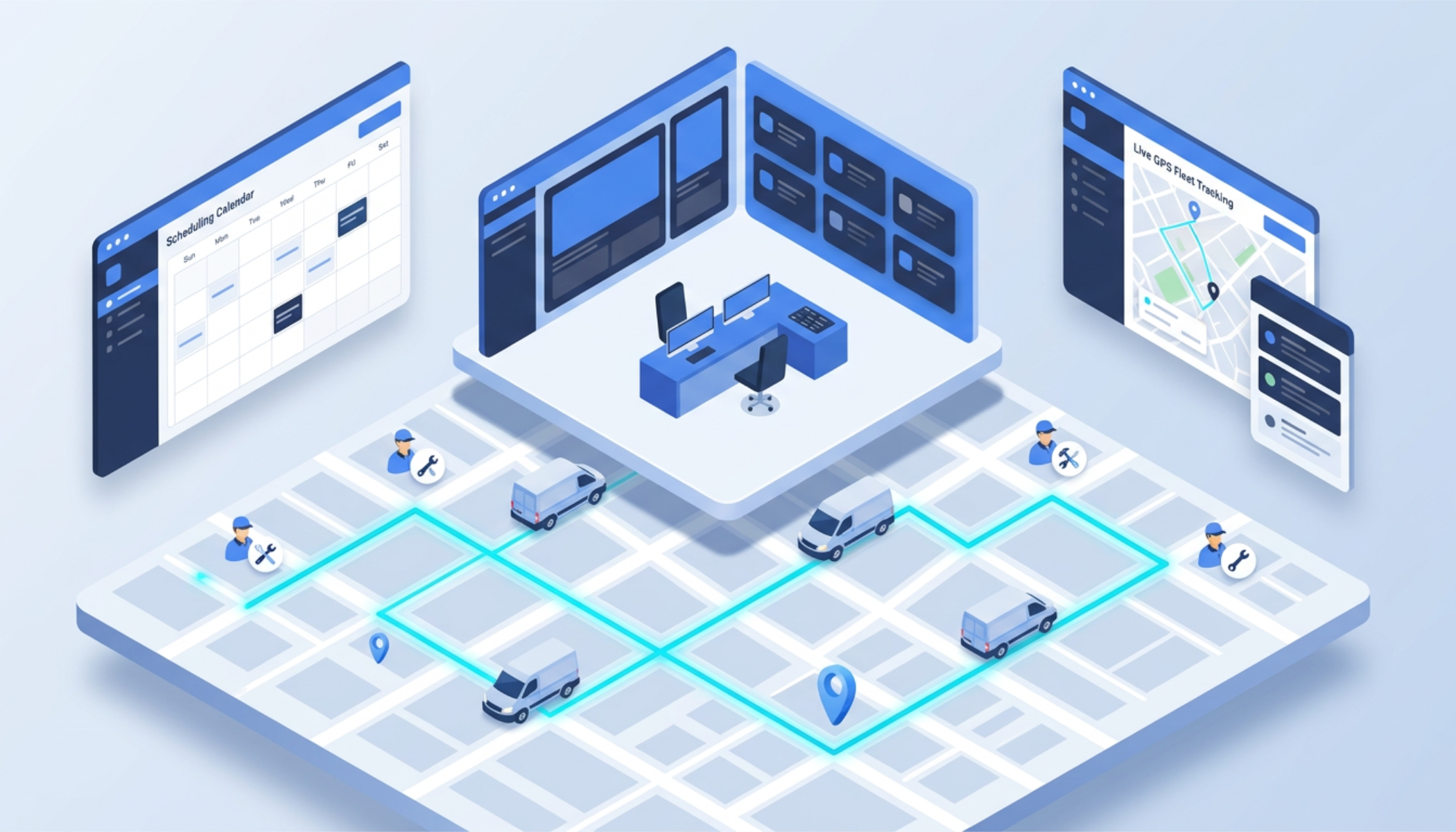 Field service automation platform managing technician scheduling, work orders, route optimization, and mobile updates.