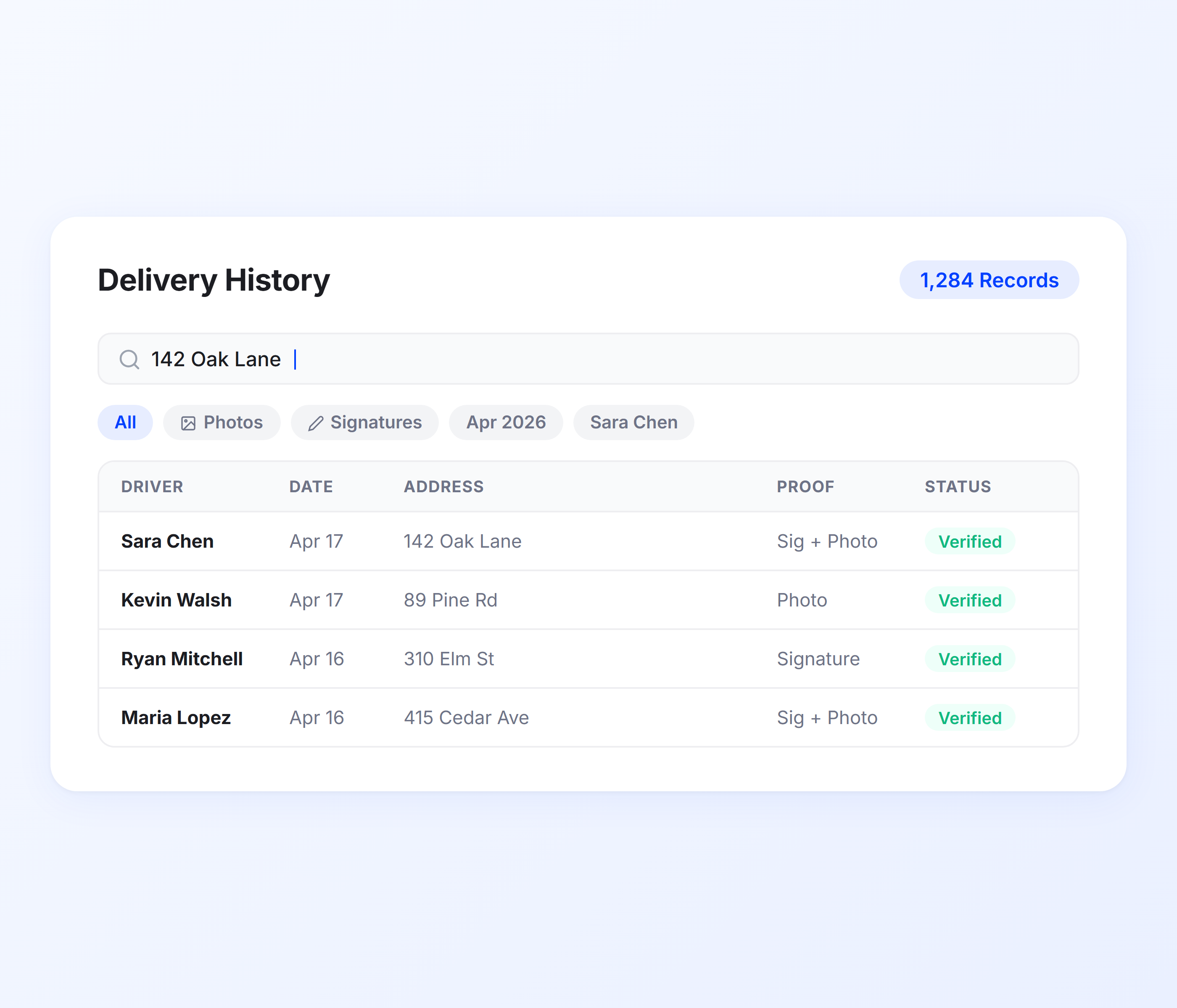 Searchable Delivery History Dashboard