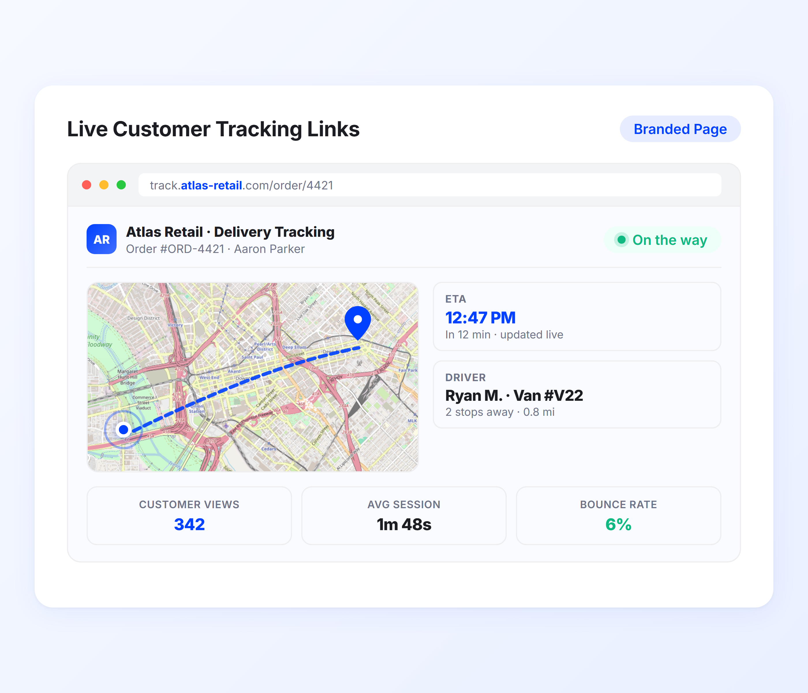 Construction job site delivery tracking link showing real time truck location and ETA