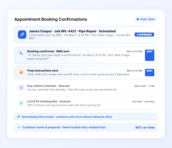 Plumbing appointment booking confirmation notification with preparation instructions and technician details